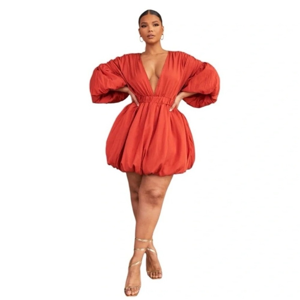 PrettyLittleThing Puff Sleeve Balloon Bubble Hem Mini Dress 22 Terracotta Party